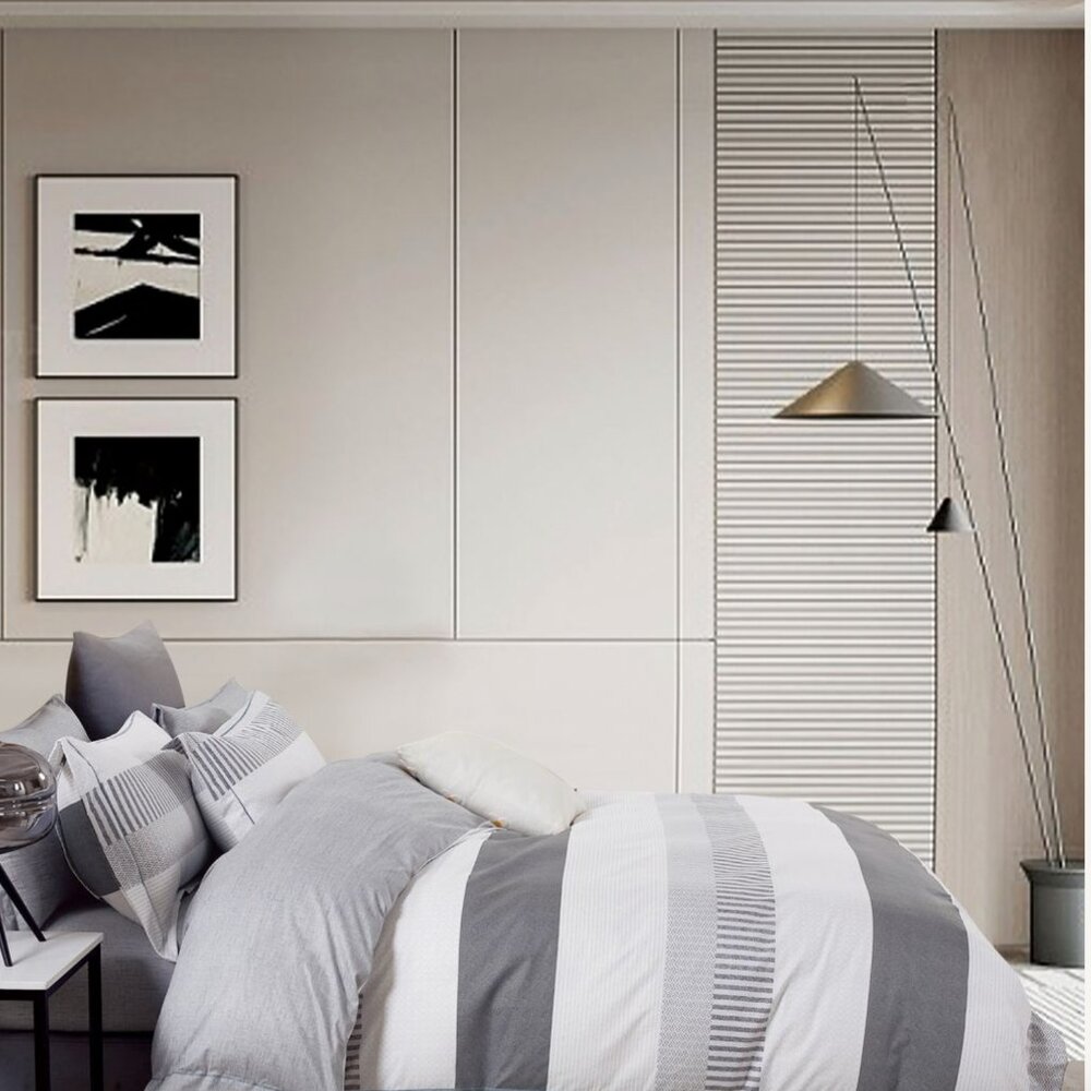 Reversible Comforter Set Gray White Striped Modern‎ Minimalist Contemporary